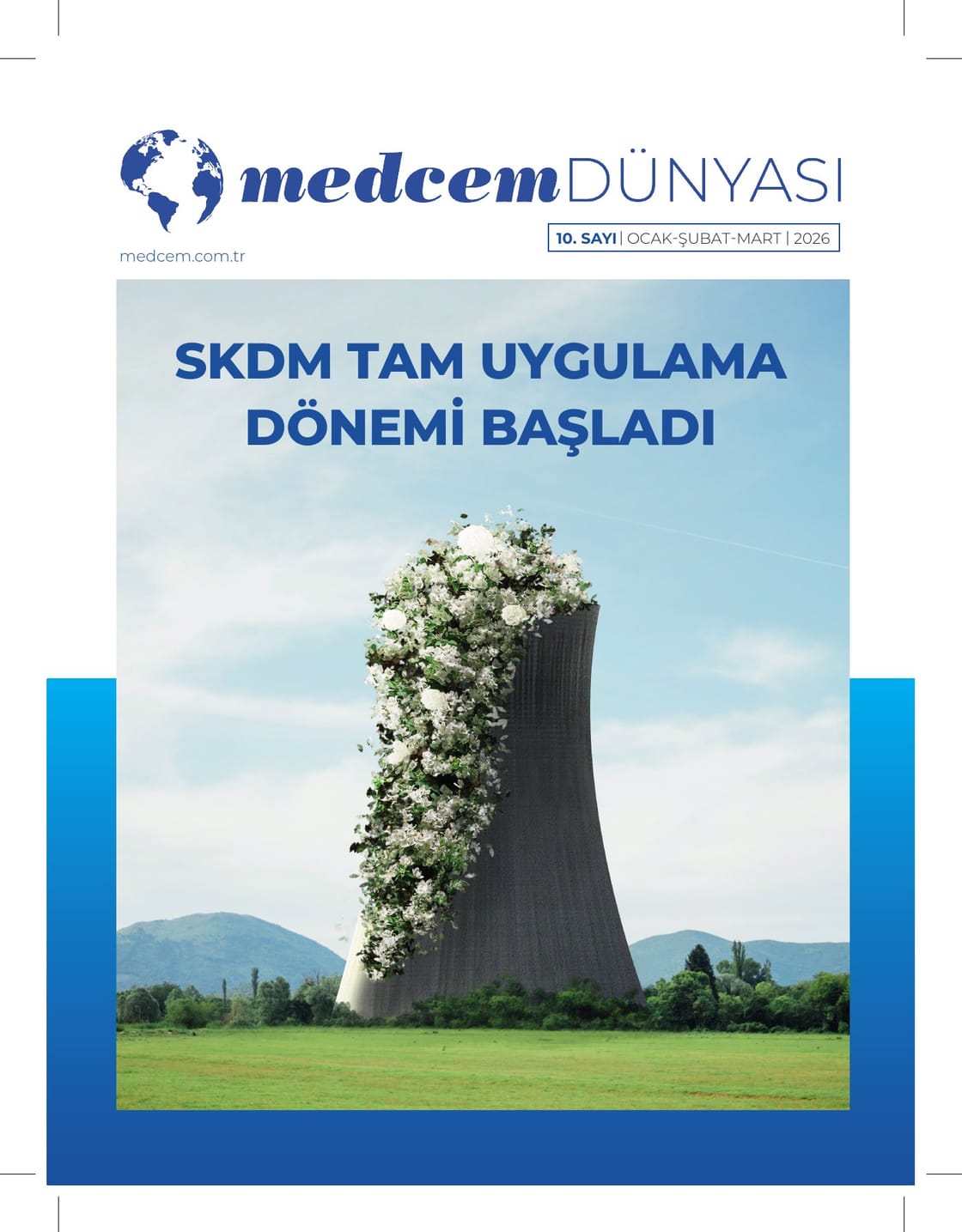 Medcem Dünyası dergisinin mavi kapak tasarımı